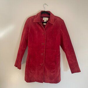 Vintage 90's Cherokee Red Suede Leather Jacket Coat, Long Sz Small Button Trendy